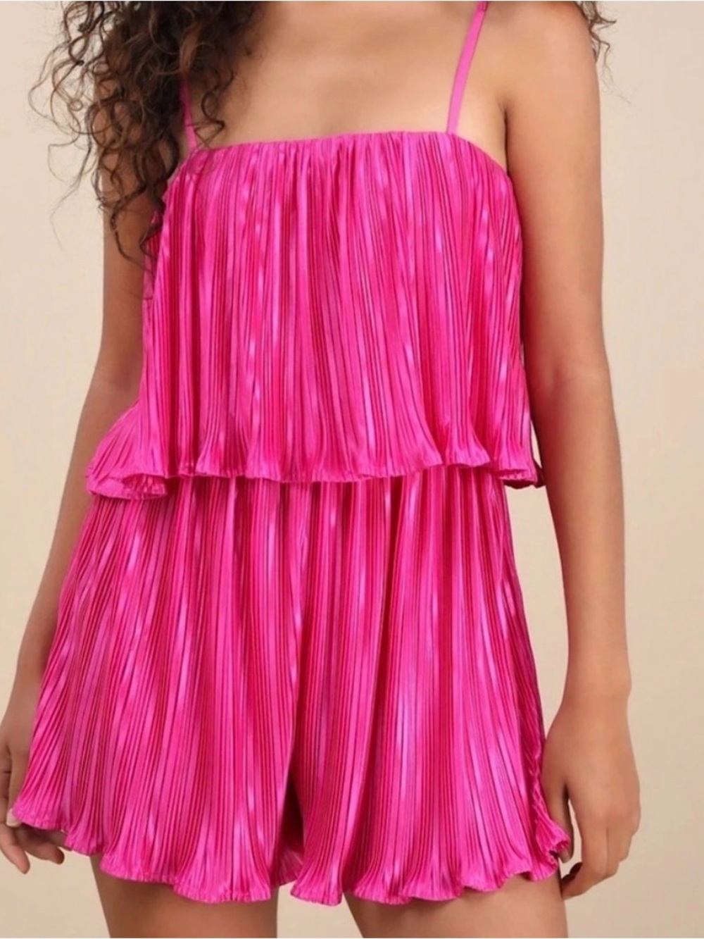 Lulu's Hot Pink Pleated Romper with Ruffled Layer